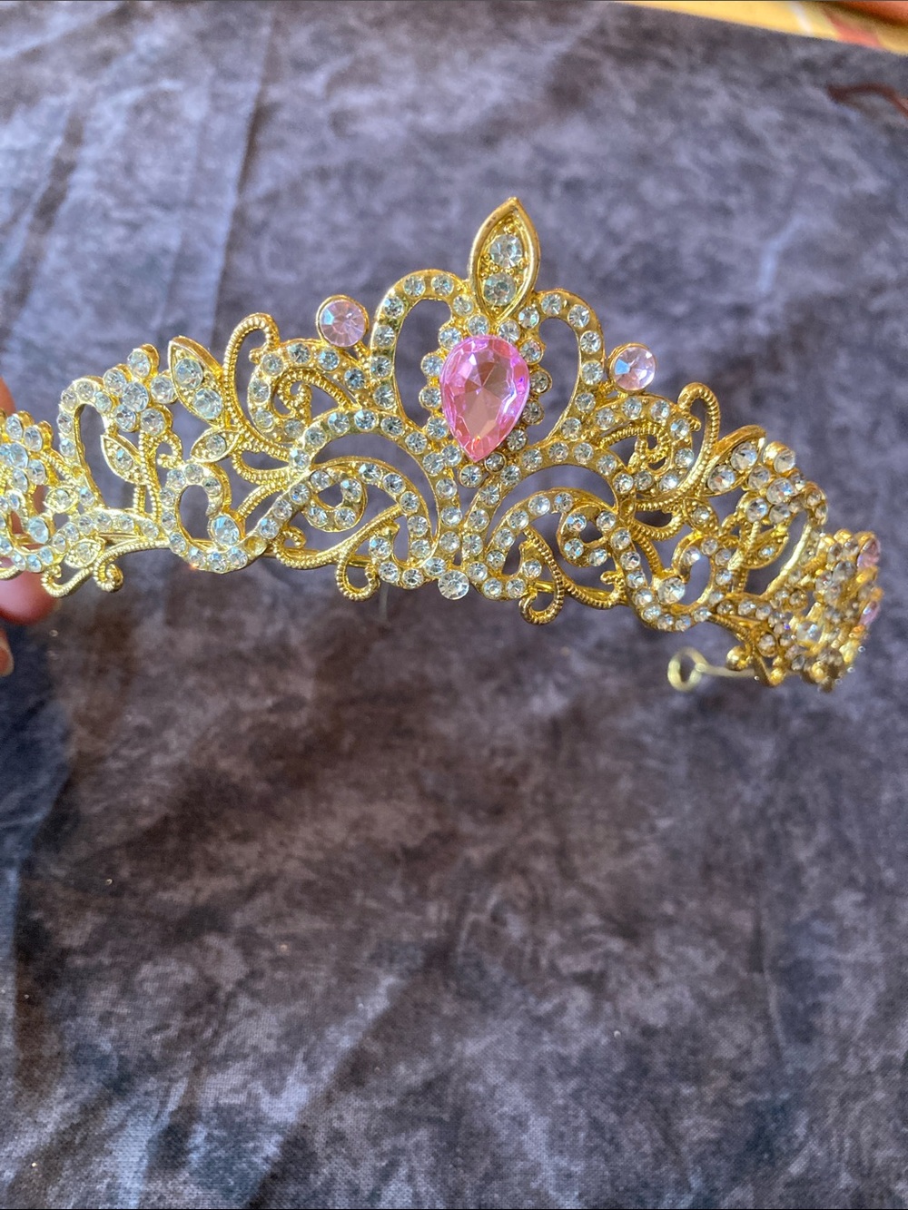 Gold Tone and Pink Crystal Tiara Crown - Elegant Women's Accessory